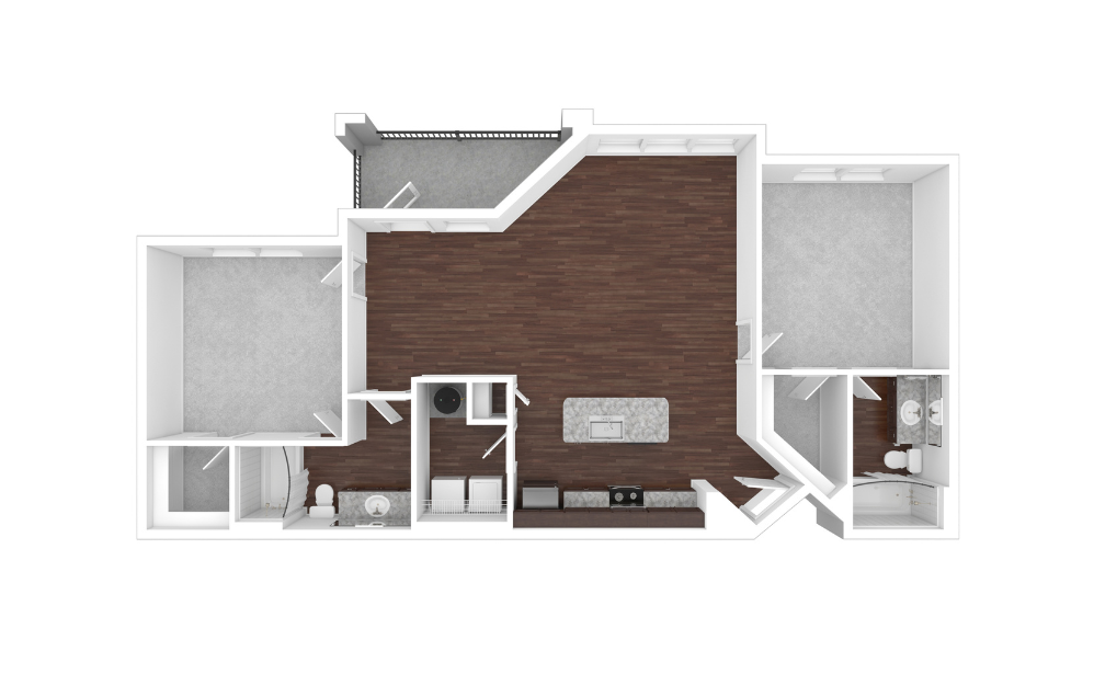 B1 - 2 bedroom floorplan layout with 2 bathrooms and 1071 square feet (Unfurnished, 3D)