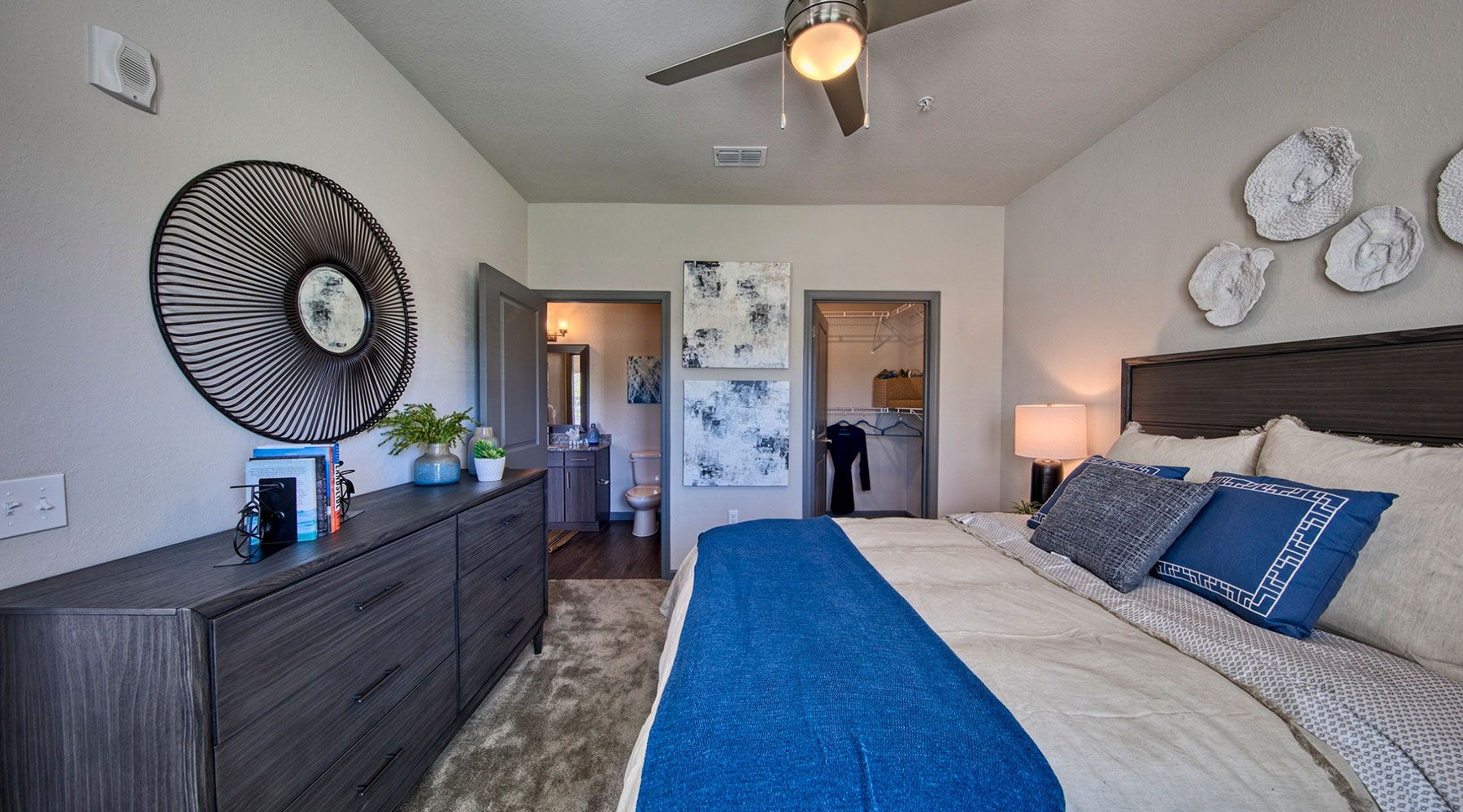 beautiful bedroom with blue accents