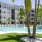 a pool in front of a building